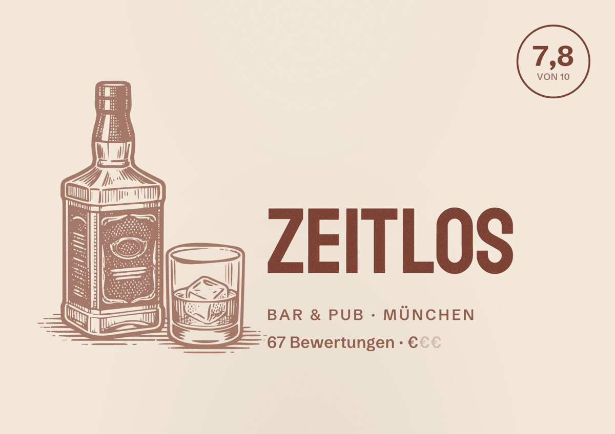 Illustriertes Poster von Zeitlos, Bar & Pub in München: Bewertung 7,8 von 10 aus 67 Bewertungen, Preisniveau €