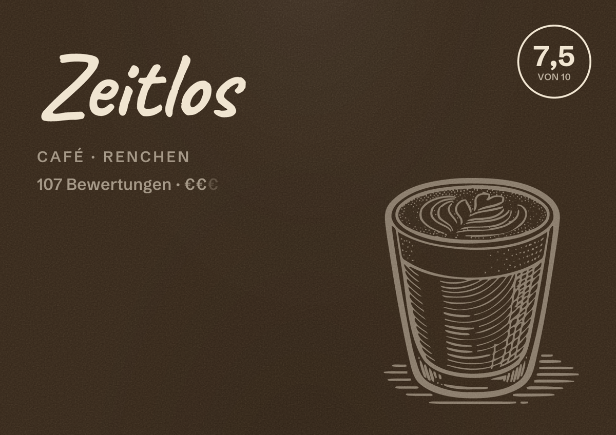 Illustriertes Poster von Zeitlos, Café in Renchen: Bewertung 7,5 von 10 aus 107 Bewertungen, Preisniveau €€
