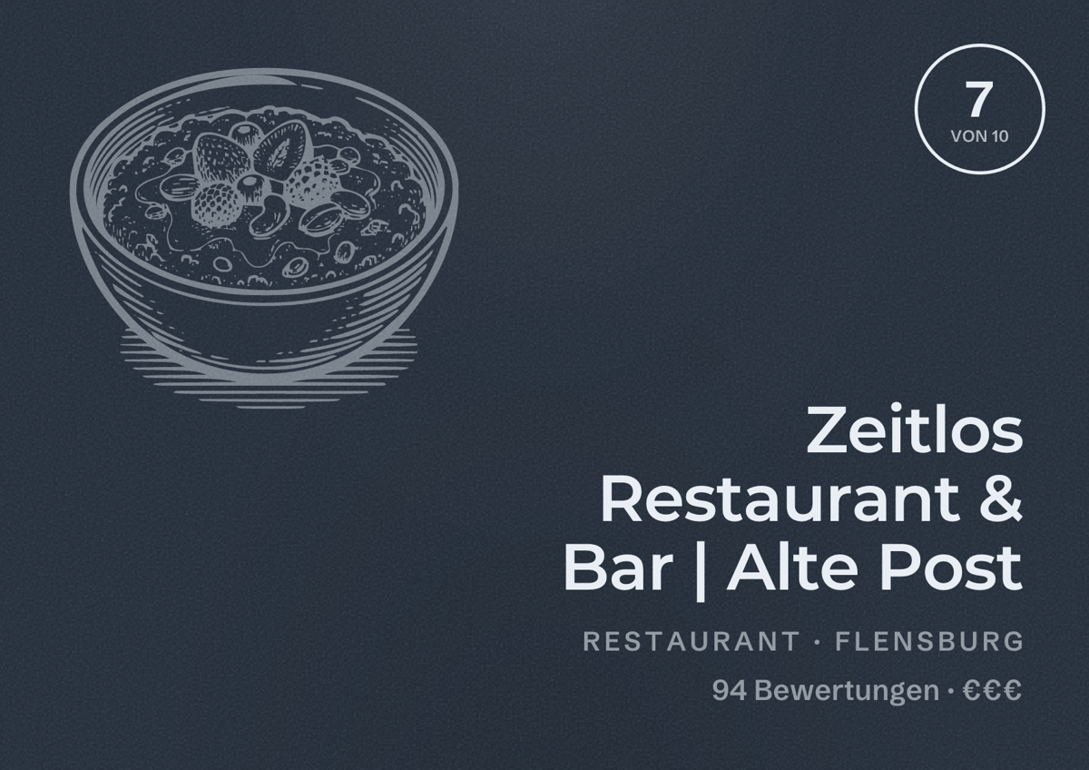 Illustriertes Poster von Zeitlos Restaurant & Bar | Alte Post, Restaurant in Flensburg: Bewertung 7 von 10 aus 94 Bewertungen, Preisniveau €€€