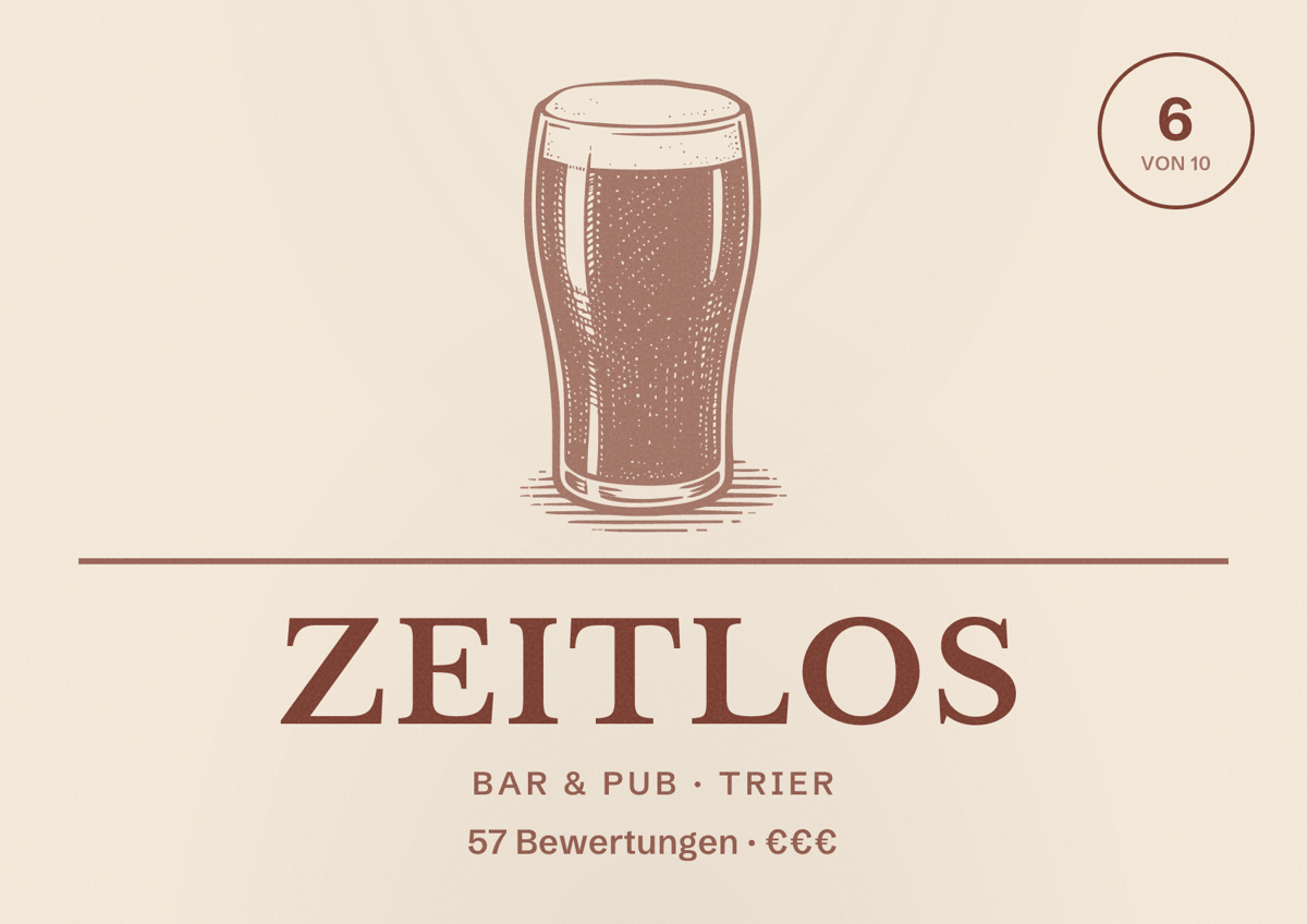 Illustriertes Poster von Zeitlos, Bar & Pub in Trier: Bewertung 6 von 10 aus 57 Bewertungen, Preisniveau €€€