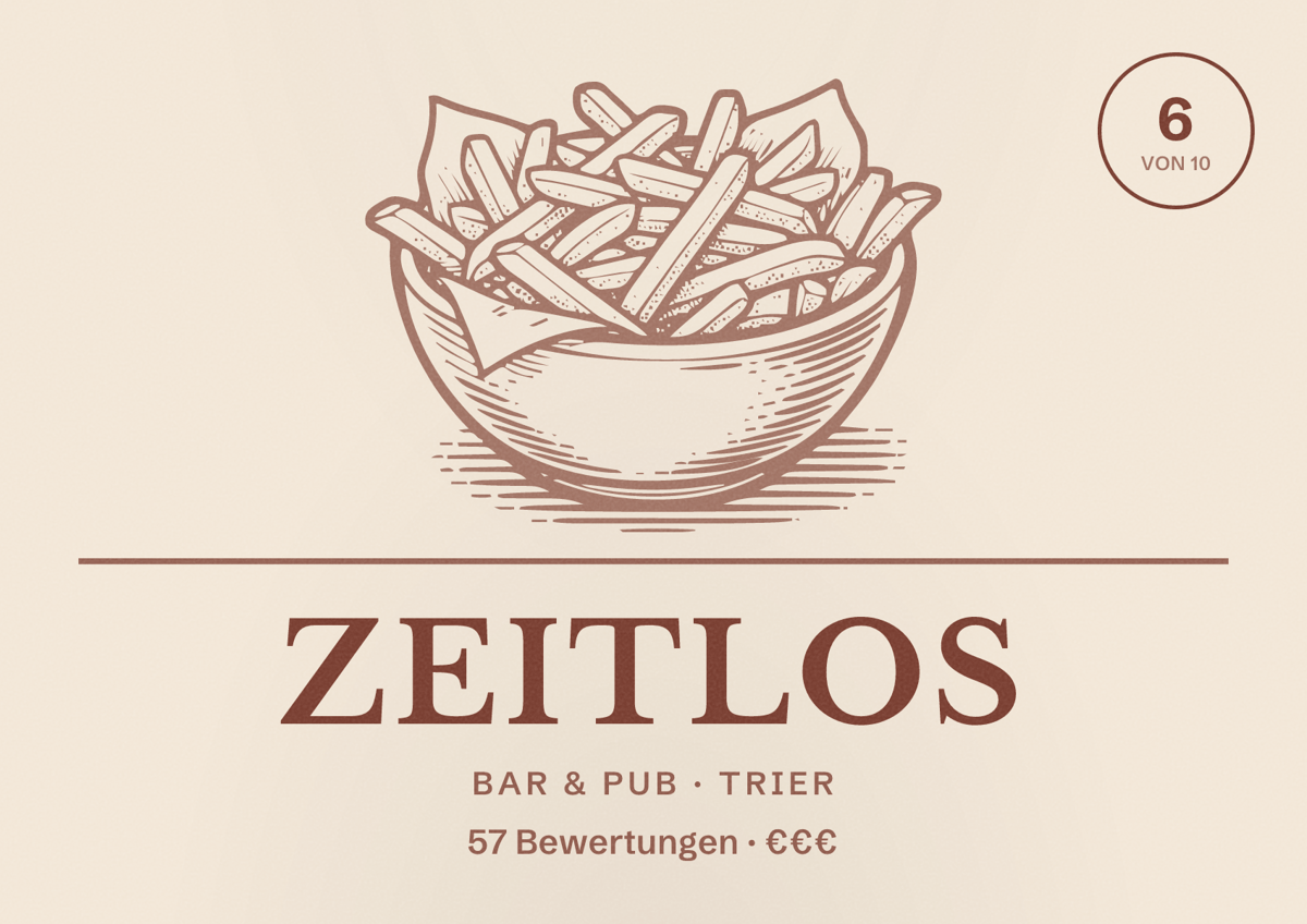 Illustriertes Poster von Zeitlos, Bar & Pub in Trier: Bewertung 6 von 10 aus 57 Bewertungen, Preisniveau €€€