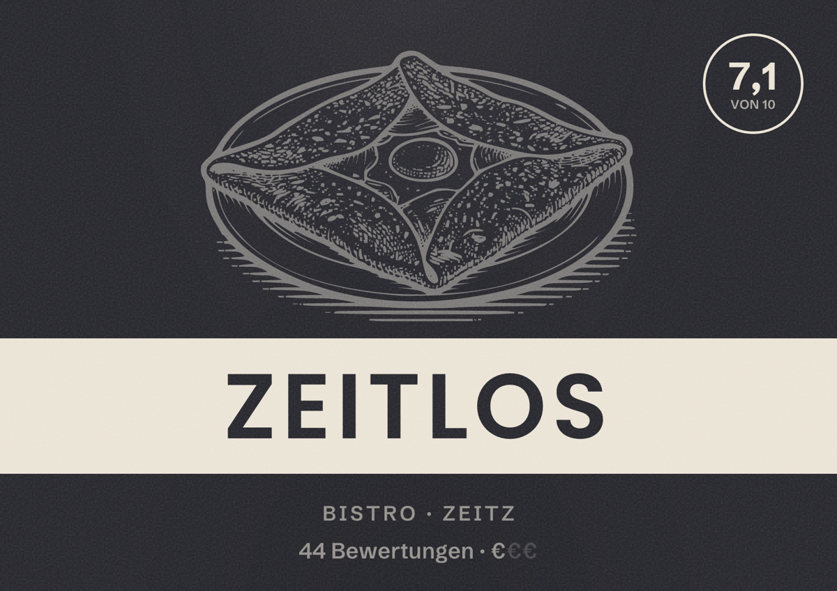 Illustriertes Poster von Zeitlos, Bistro in Zeitz: Bewertung 7,1 von 10 aus 44 Bewertungen, Preisniveau €