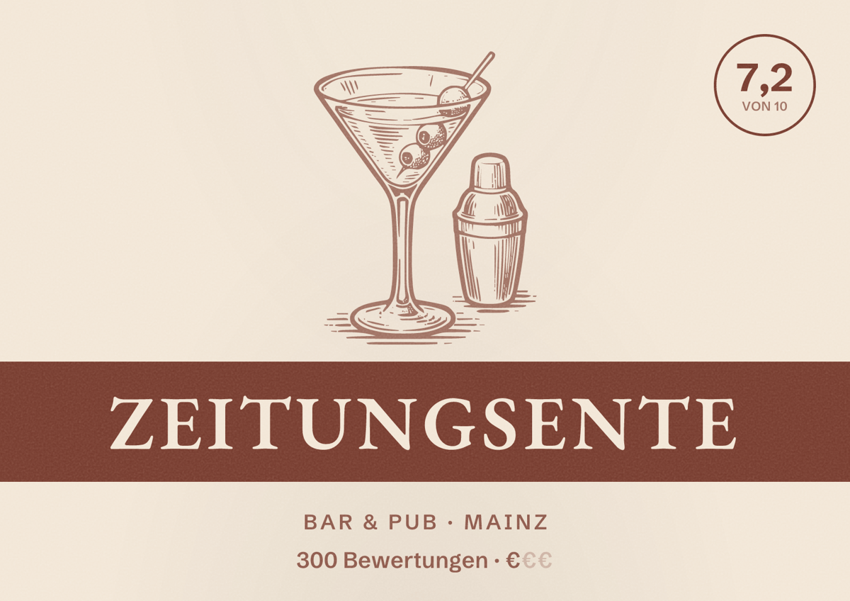 Illustriertes Poster von Zeitungsente, Bar & Pub in Mainz: Bewertung 7,2 von 10 aus 300 Bewertungen, Preisniveau €