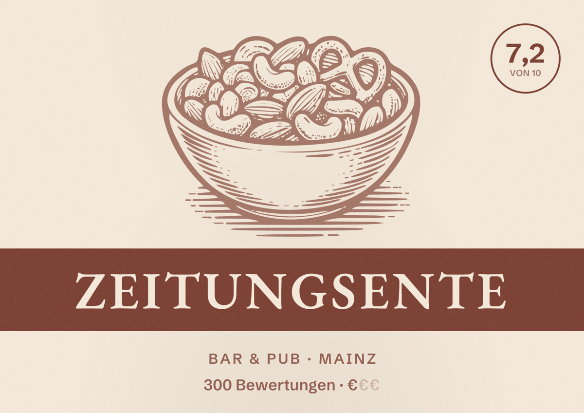 Illustriertes Poster von Zeitungsente, Bar & Pub in Mainz: Bewertung 7,2 von 10 aus 300 Bewertungen, Preisniveau €
