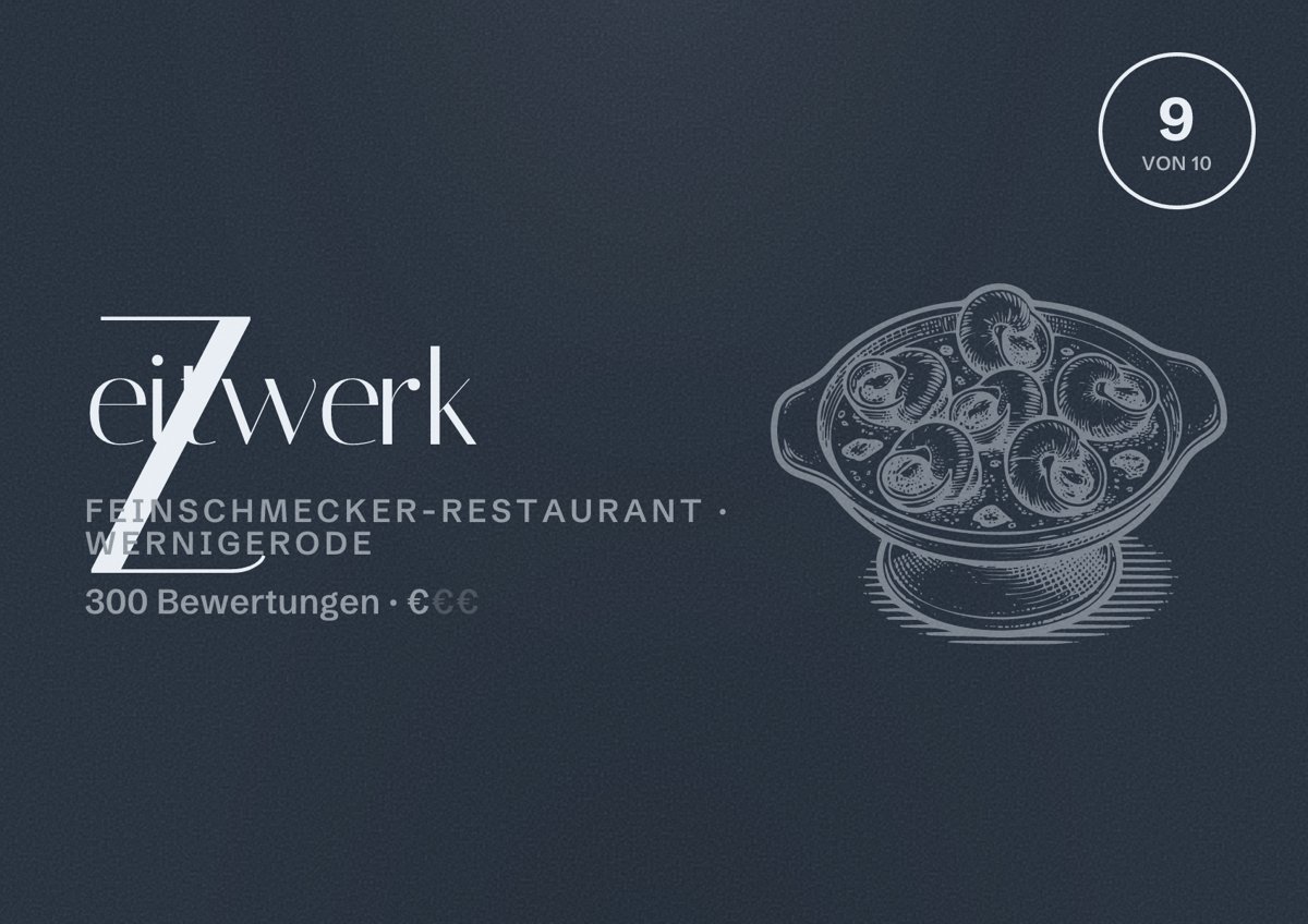Illustriertes Poster von Zeitwerk, Feinschmecker-Restaurant in Wernigerode: Bewertung 9 von 10 aus 300 Bewertungen, Preisniveau €