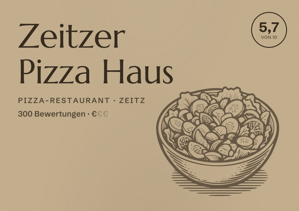 Illustriertes Poster von Zeitzer Pizza Haus, Pizza-Restaurant in Zeitz: Bewertung 5,7 von 10 aus 300 Bewertungen, Preisniveau €