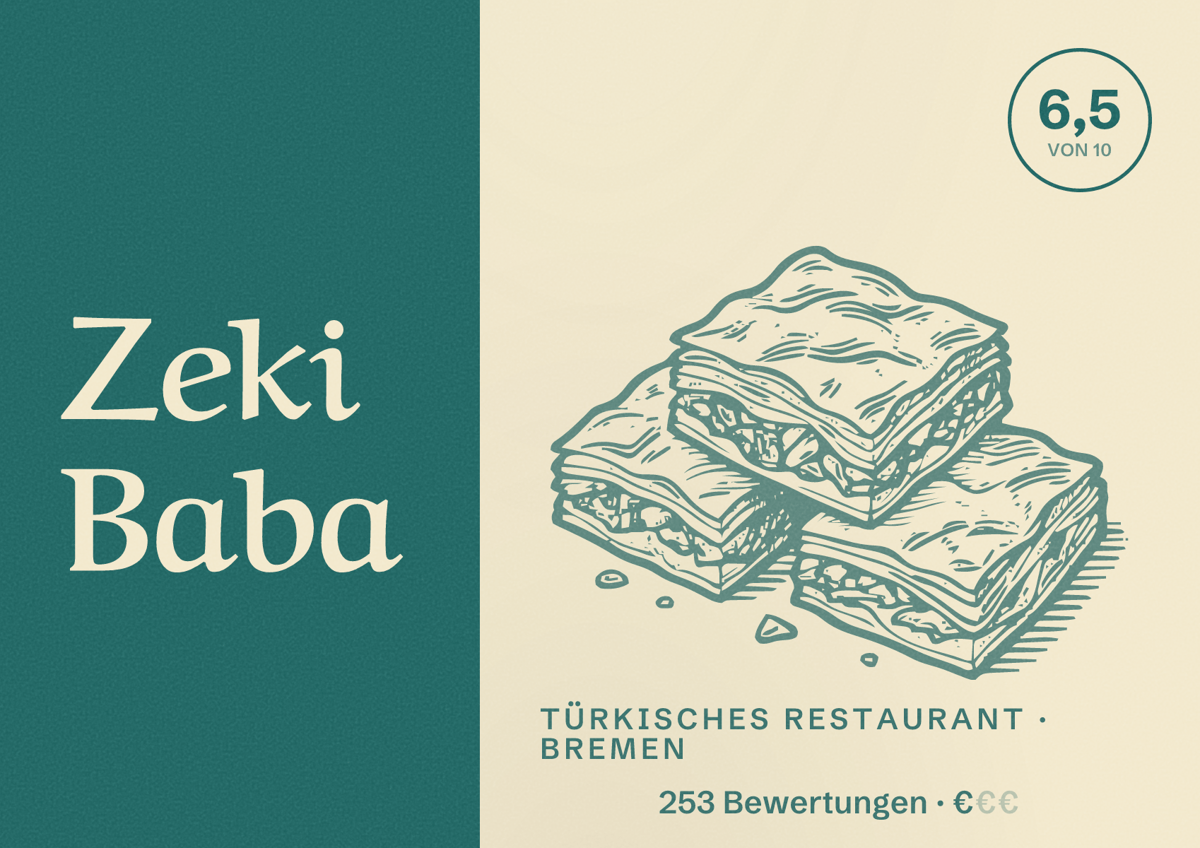 Illustriertes Poster von Zeki Baba, Türkisches Restaurant in Bremen: Bewertung 6,5 von 10 aus 253 Bewertungen, Preisniveau €