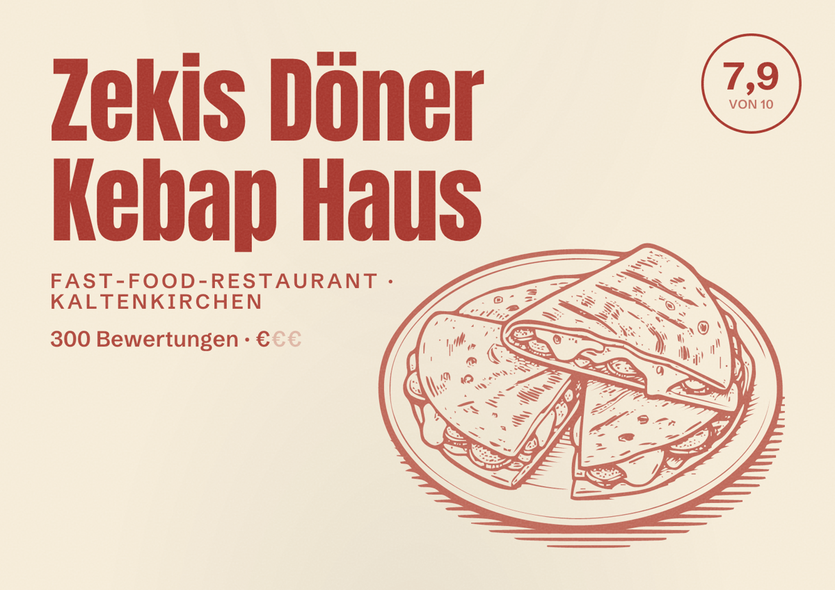 Illustriertes Poster von Zekis Döner Kebap Haus, Fast-Food-Restaurant in Kaltenkirchen: Bewertung 7,9 von 10 aus 300 Bewertungen, Preisniveau €