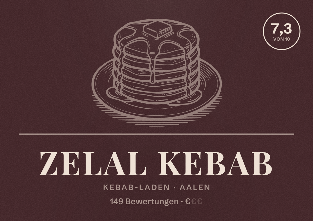 Illustriertes Poster von Zelal Kebab, Kebab-Laden in Aalen: Bewertung 7,3 von 10 aus 149 Bewertungen, Preisniveau €