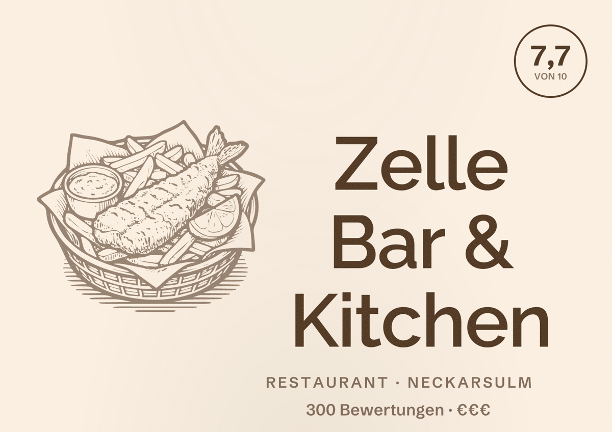 Illustriertes Poster von Zelle Bar & Kitchen, Restaurant in Neckarsulm: Bewertung 7,7 von 10 aus 300 Bewertungen, Preisniveau €€€