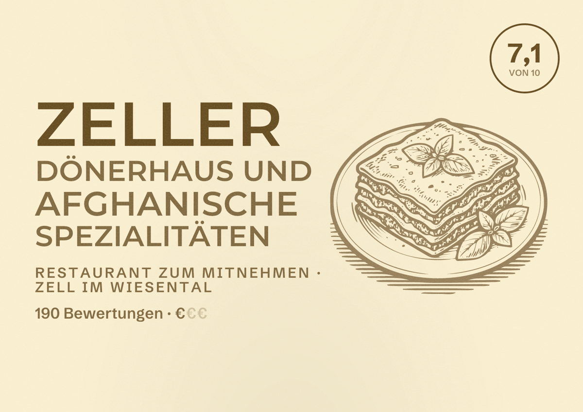 Illustriertes Poster von Zeller Dönerhaus und Afghanische Spezialitäten, Restaurant zum Mitnehmen in Zell im Wiesental: Bewertung 7,1 von 10 aus 190 Bewertungen, Preisniveau €