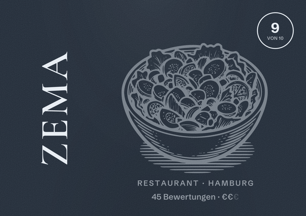 Illustriertes Poster von ZEMA, Restaurant in Hamburg: Bewertung 9,0 von 10 aus 45 Bewertungen, Preisniveau €€
