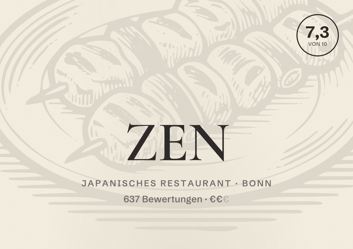 Illustriertes Poster von ZEN, Japanisches Restaurant in Bonn: Bewertung 7,3 von 10 aus 637 Bewertungen, Preisniveau €€