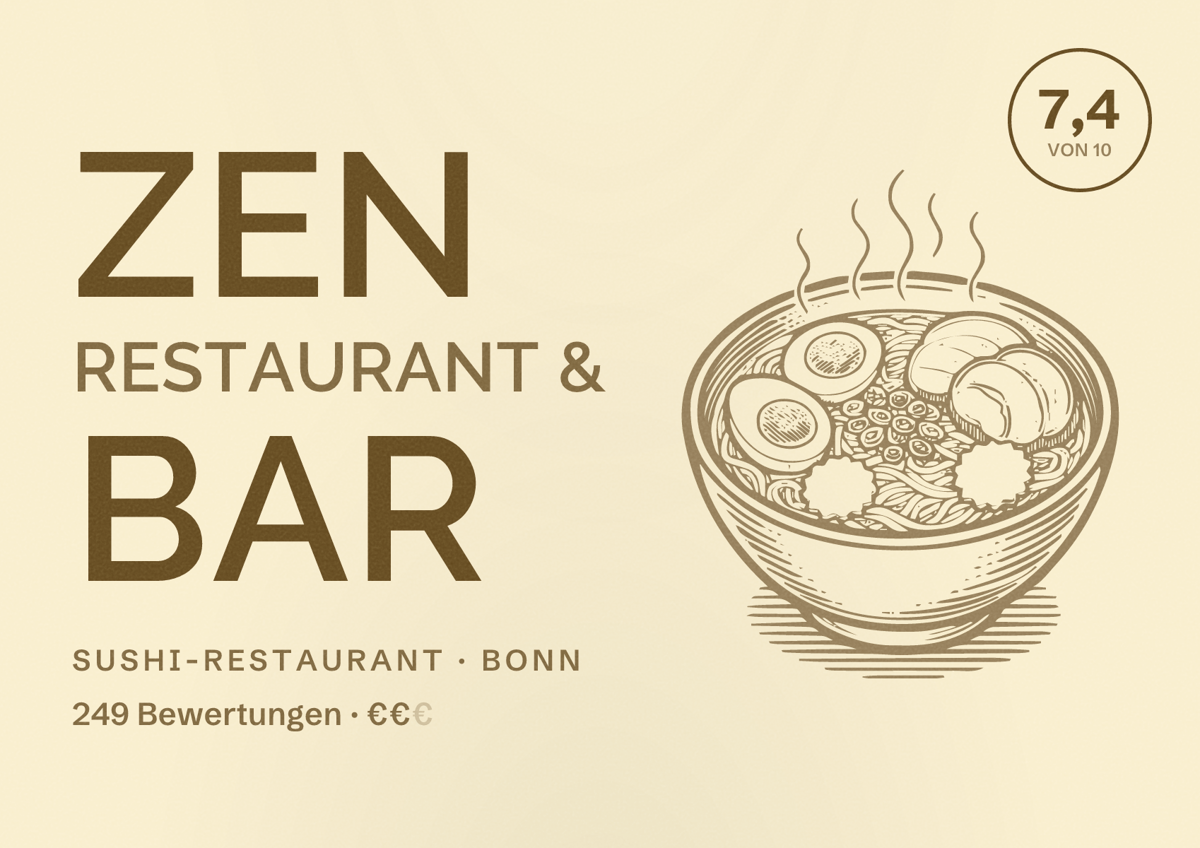 Illustriertes Poster von ZEN Restaurant & Bar, Sushi-Restaurant in Bonn: Bewertung 7,4 von 10 aus 249 Bewertungen, Preisniveau €€