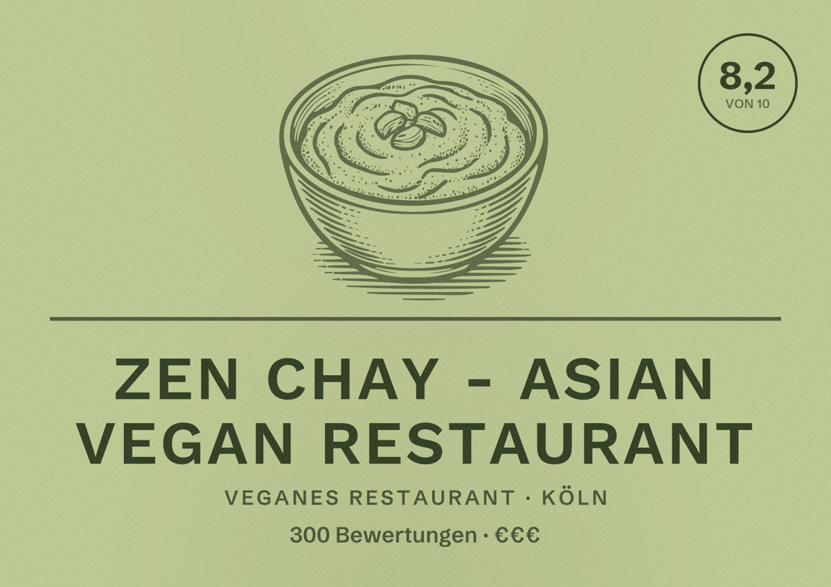 Illustriertes Poster von Zen Chay - Asian Vegan Restaurant, Veganes Restaurant in Köln: Bewertung 8,2 von 10 aus 300 Bewertungen, Preisniveau €€€