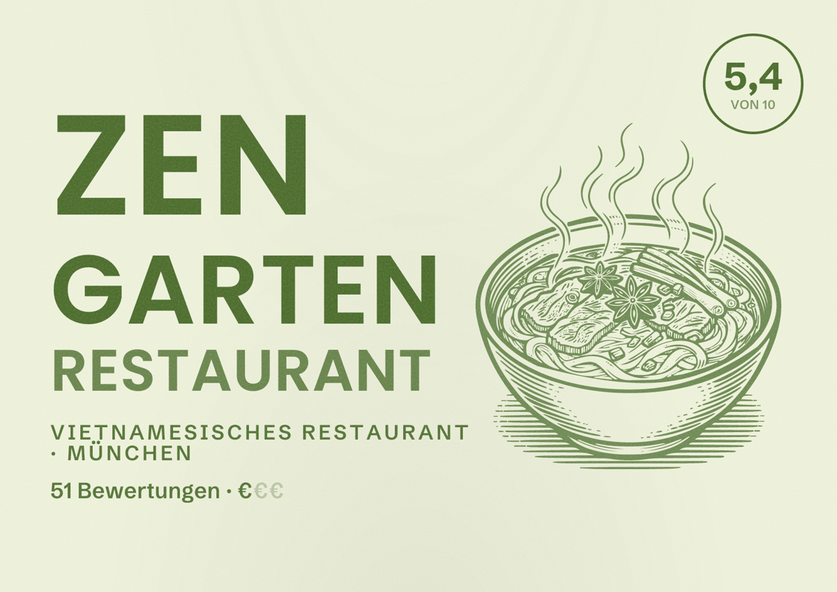Illustriertes Poster von Zen Garten Restaurant, Vietnamesisches Restaurant in München: Bewertung 5,4 von 10 aus 51 Bewertungen, Preisniveau €