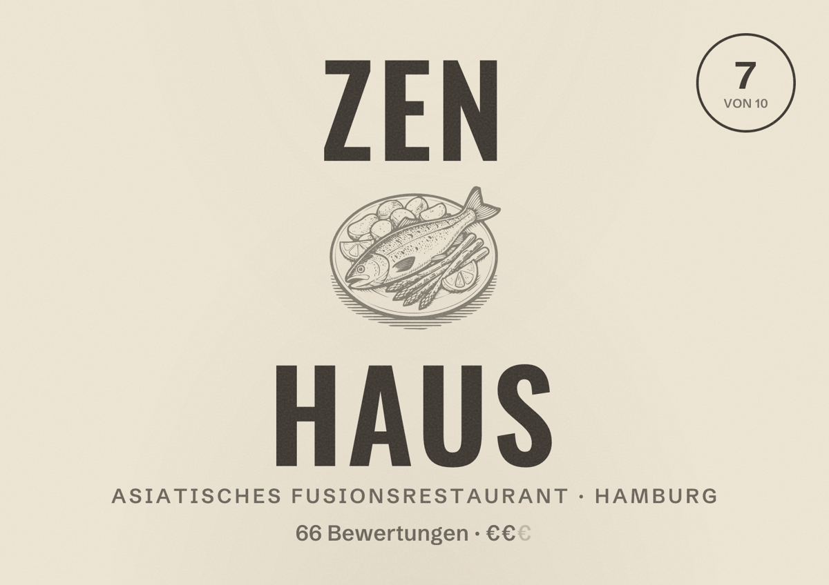 Illustriertes Poster von Zen Haus, Asiatisches Fusionsrestaurant in Hamburg: Bewertung 7 von 10 aus 66 Bewertungen, Preisniveau €€