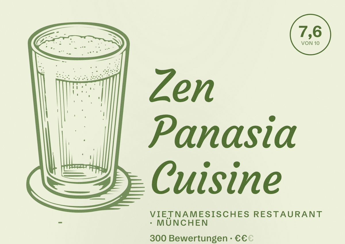 Illustriertes Poster von Zen Panasia Cuisine, Vietnamesisches Restaurant in München: Bewertung 7,6 von 10 aus 300 Bewertungen, Preisniveau €€