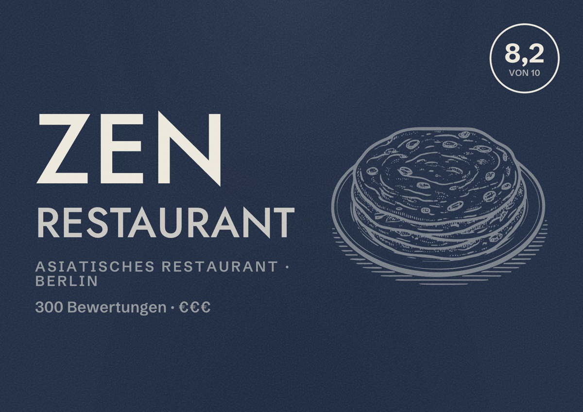 Illustriertes Poster von Zen Restaurant, Asiatisches Restaurant in Berlin: Bewertung 8,2 von 10 aus 300 Bewertungen, Preisniveau €€€