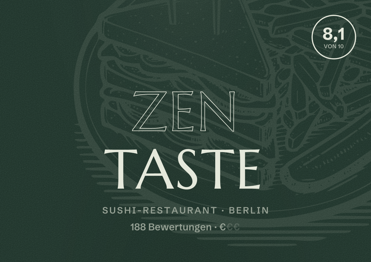 Illustriertes Poster von ZEN Taste, Sushi-Restaurant in Berlin: Bewertung 8,1 von 10 aus 188 Bewertungen, Preisniveau €