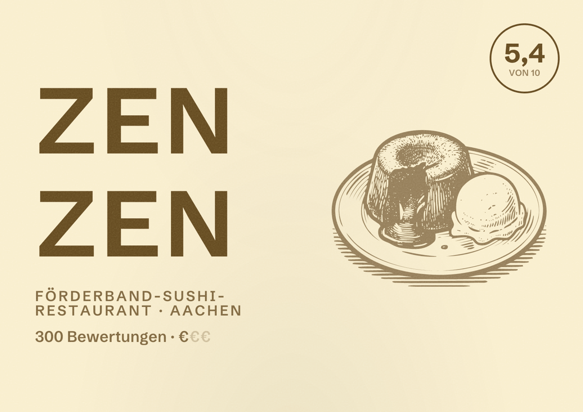 Illustriertes Poster von Zen Zen, Förderband-Sushi-Restaurant in Aachen: Bewertung 5,4 von 10 aus 300 Bewertungen, Preisniveau €
