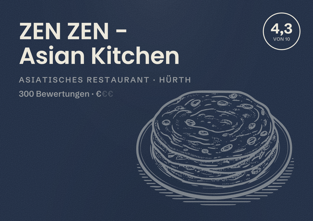 Illustriertes Poster von ZEN ZEN - Asian Kitchen, Asiatisches Restaurant in Hürth: Bewertung 4,3 von 10 aus 300 Bewertungen, Preisniveau €