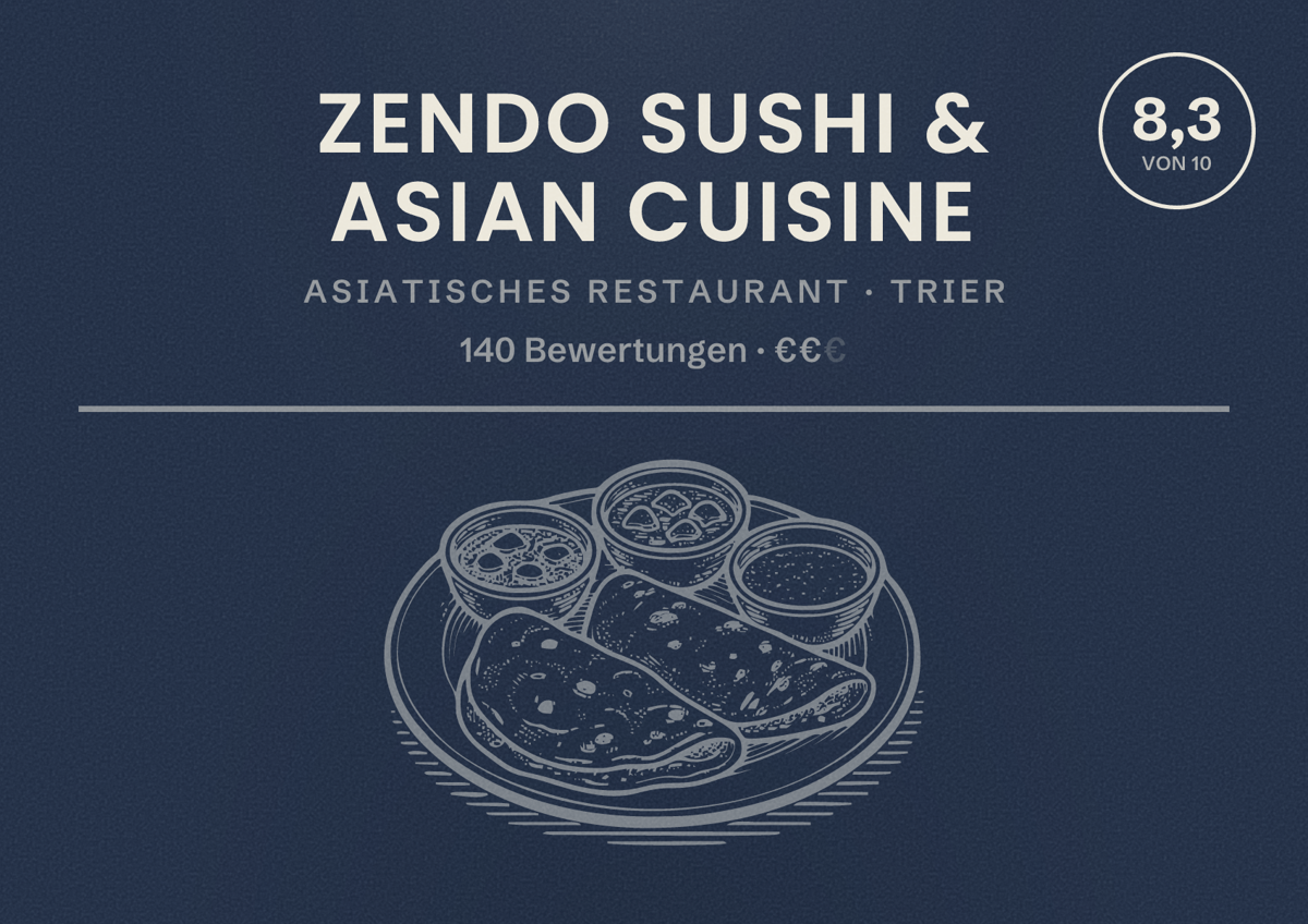 Illustriertes Poster von Zendo Sushi & Asian Cuisine, Asiatisches Restaurant in Trier: Bewertung 8,3 von 10 aus 140 Bewertungen, Preisniveau €€