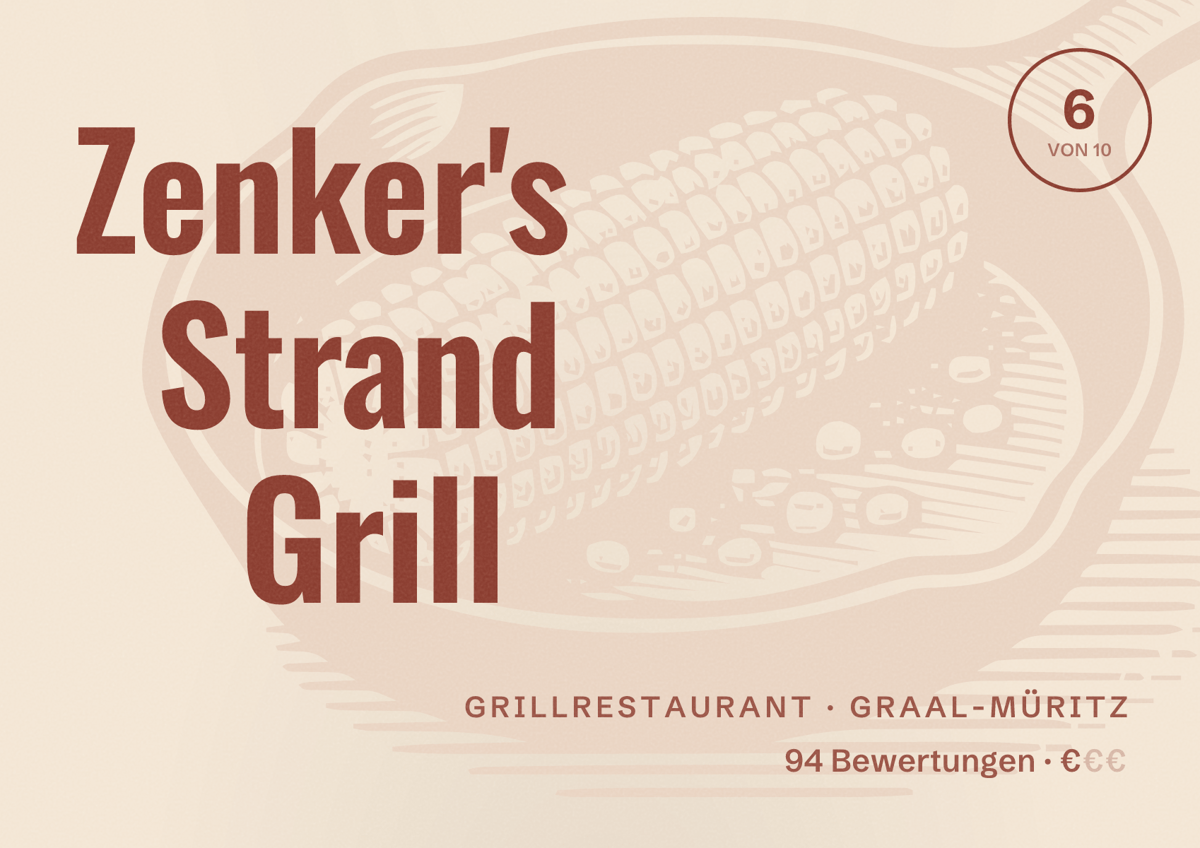 Illustriertes Poster von Zenker's Strand Grill, Grillrestaurant in Graal-Müritz: Bewertung 6 von 10 aus 94 Bewertungen, Preisniveau €