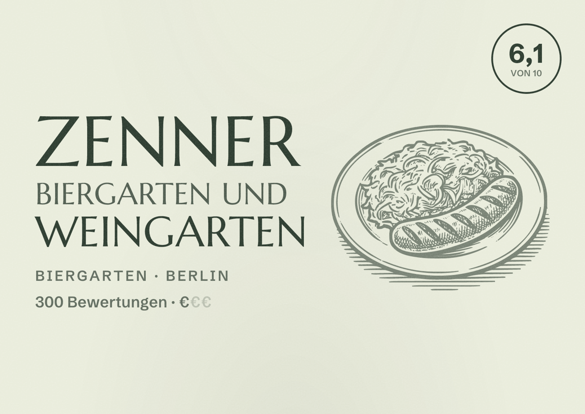Illustriertes Poster von Zenner Biergarten und Weingarten, Biergarten in Berlin: Bewertung 6,1 von 10 aus 300 Bewertungen, Preisniveau €
