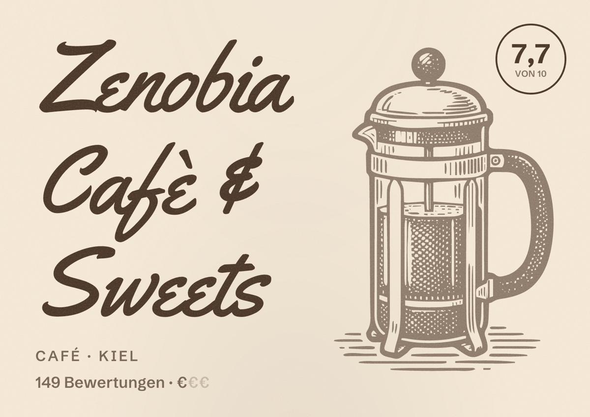 Illustriertes Poster von Zenobia Cafè & Sweets, Café in Kiel: Bewertung 7,7 von 10 aus 149 Bewertungen, Preisniveau €