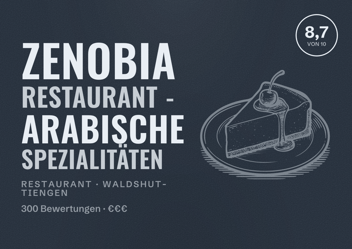 Illustriertes Poster von Zenobia Restaurant - Arabische Spezialitäten, Restaurant in Waldshut-Tiengen: Bewertung 8,7 von 10 aus 300 Bewertungen, Preisniveau €€€