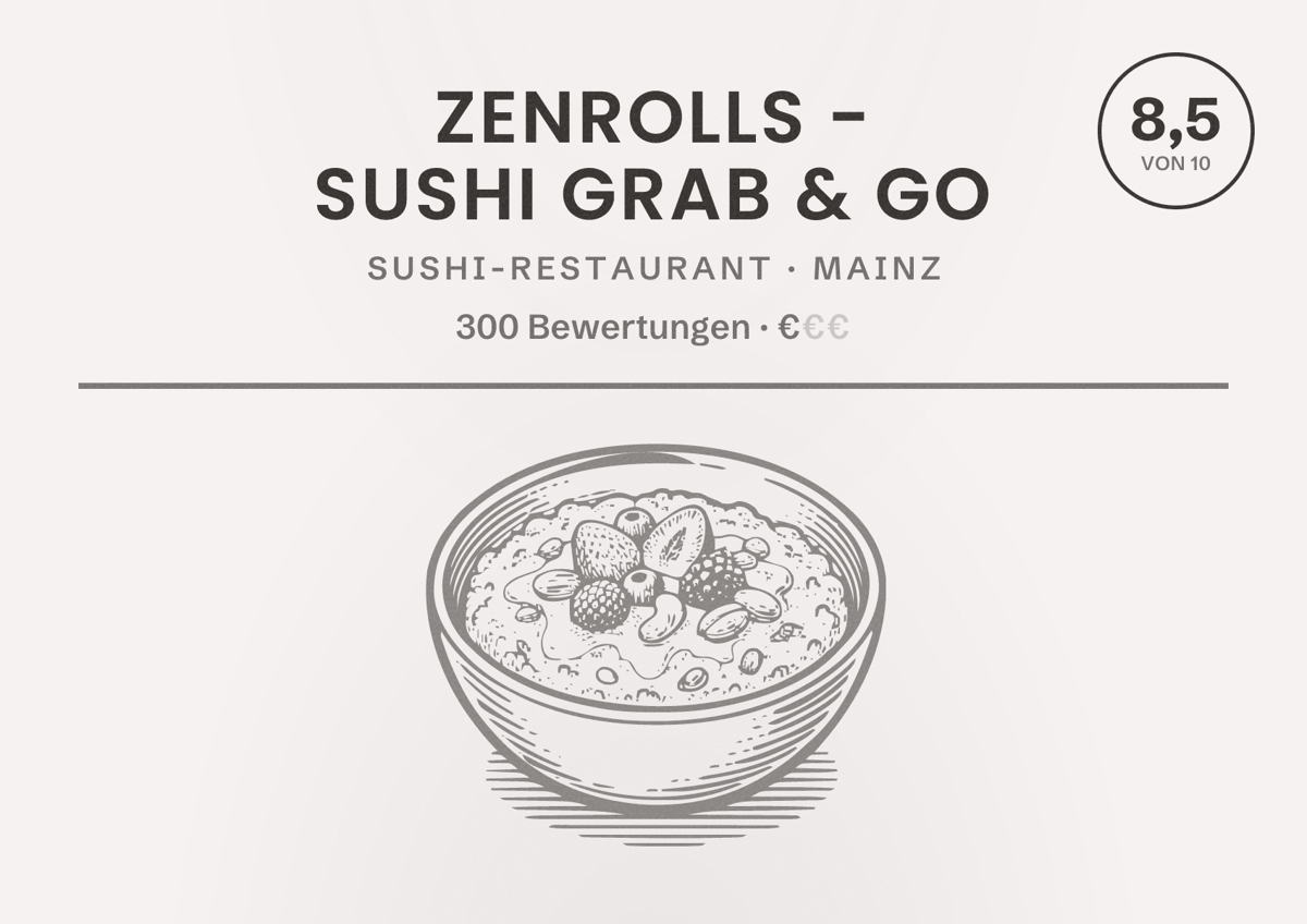 Illustriertes Poster von Zenrolls - Sushi Grab & Go, Sushi-Restaurant in Mainz: Bewertung 8,5 von 10 aus 300 Bewertungen, Preisniveau €
