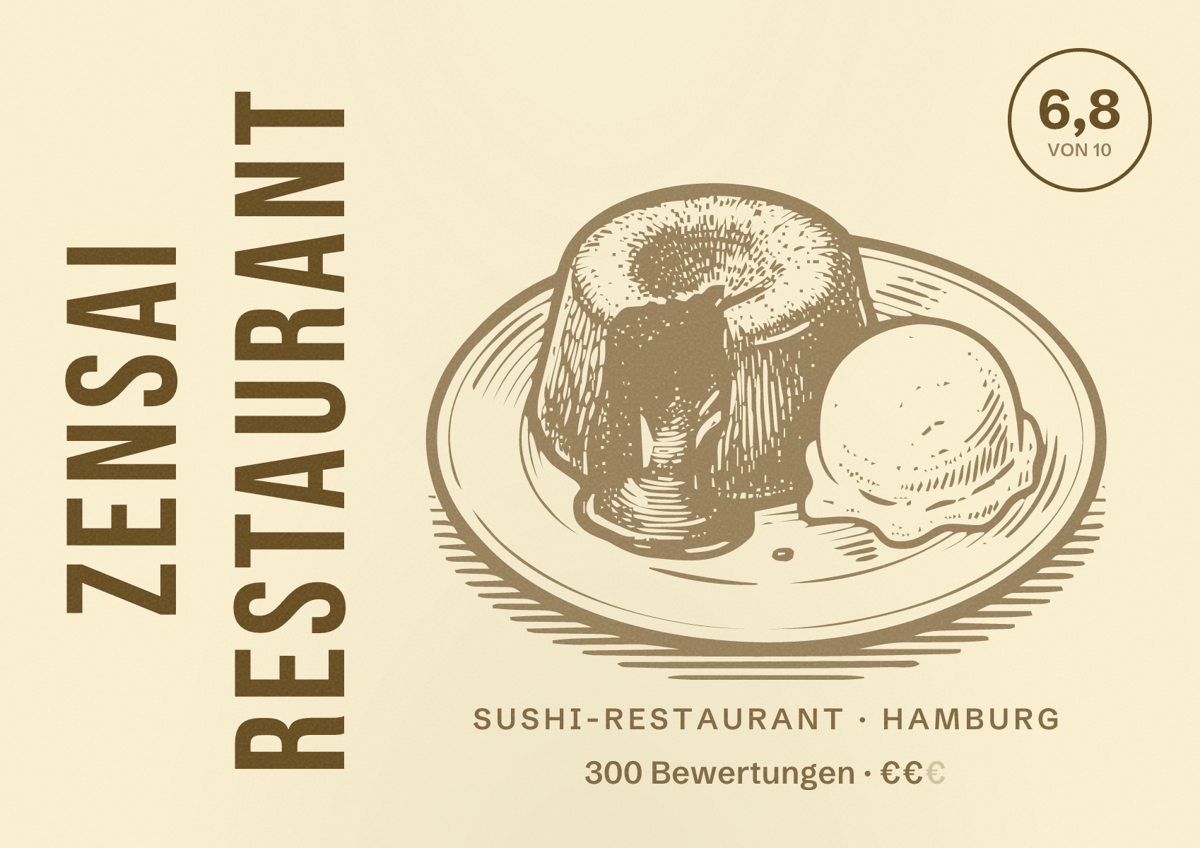 Illustriertes Poster von Zensai Restaurant, Sushi-Restaurant in Hamburg: Bewertung 6,8 von 10 aus 300 Bewertungen, Preisniveau €€