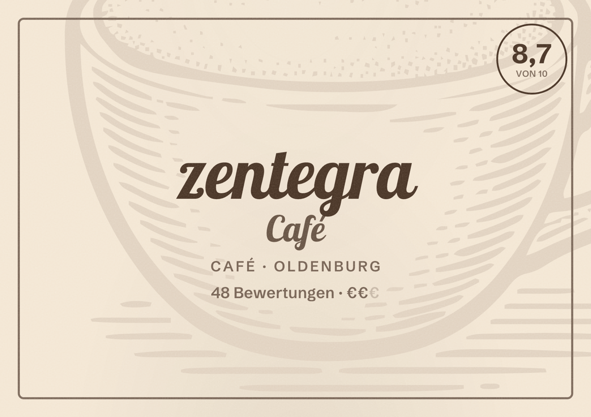 Illustriertes Poster von zentegra Café, Café in Oldenburg: Bewertung 8,7 von 10 aus 48 Bewertungen, Preisniveau €€