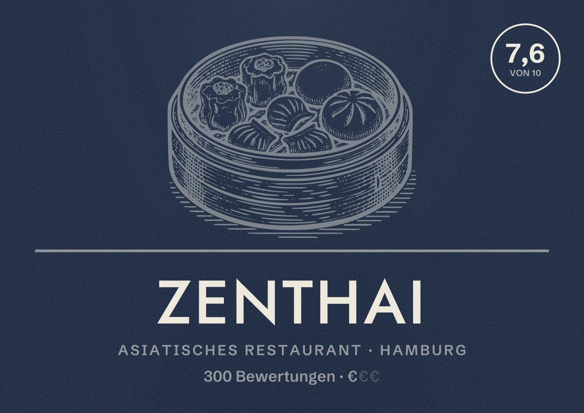 Illustriertes Poster von Zenthai, Asiatisches Restaurant in Hamburg: Bewertung 7,6 von 10 aus 300 Bewertungen, Preisniveau €