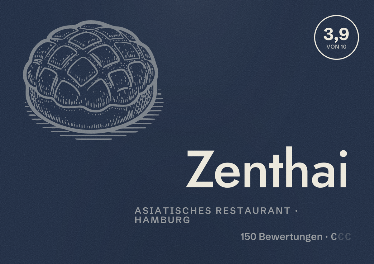 Illustriertes Poster von Zenthai, Asiatisches Restaurant in Hamburg: Bewertung 3,9 von 10 aus 150 Bewertungen, Preisniveau €