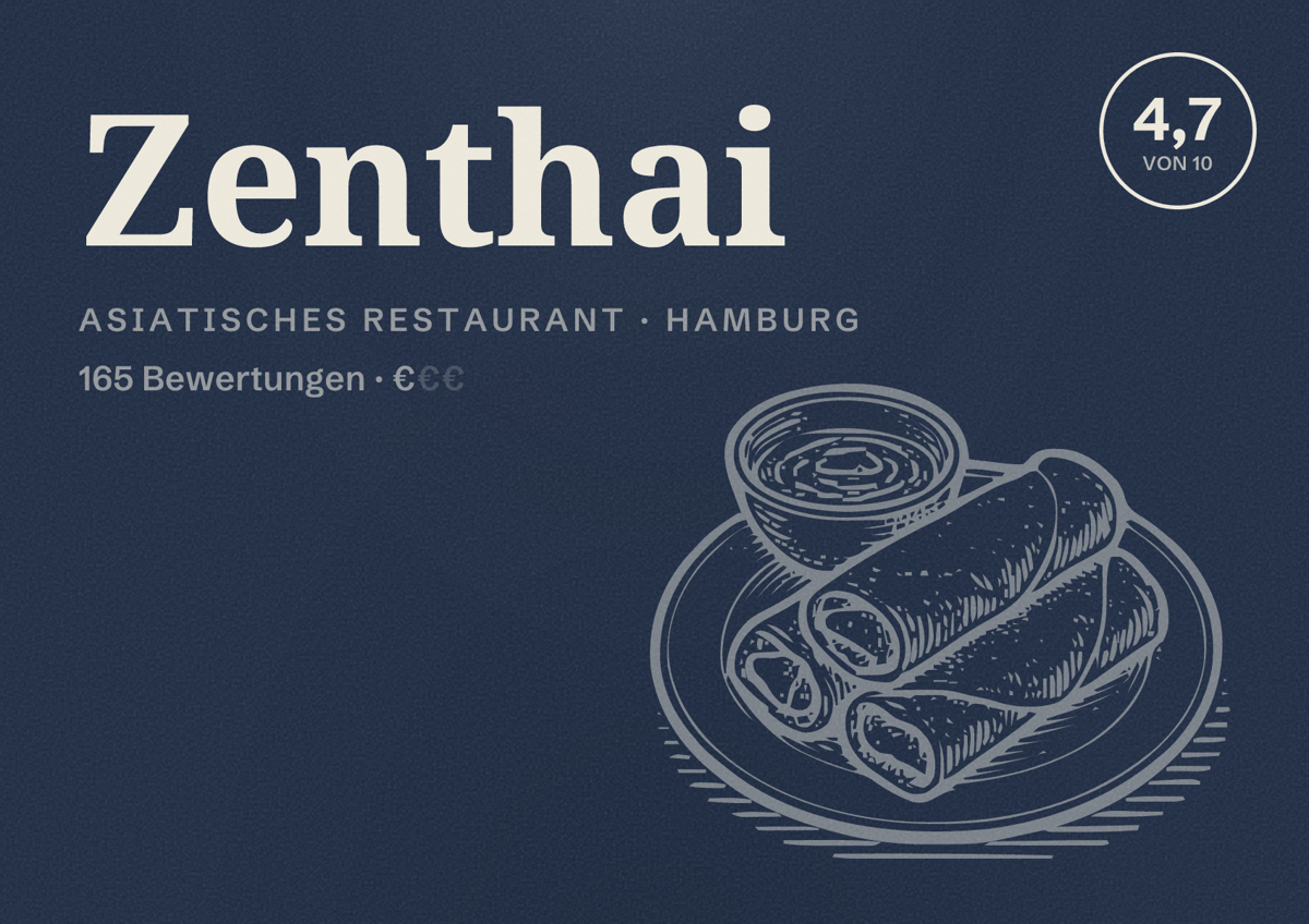 Illustriertes Poster von Zenthai, Asiatisches Restaurant in Hamburg: Bewertung 4,7 von 10 aus 165 Bewertungen, Preisniveau €