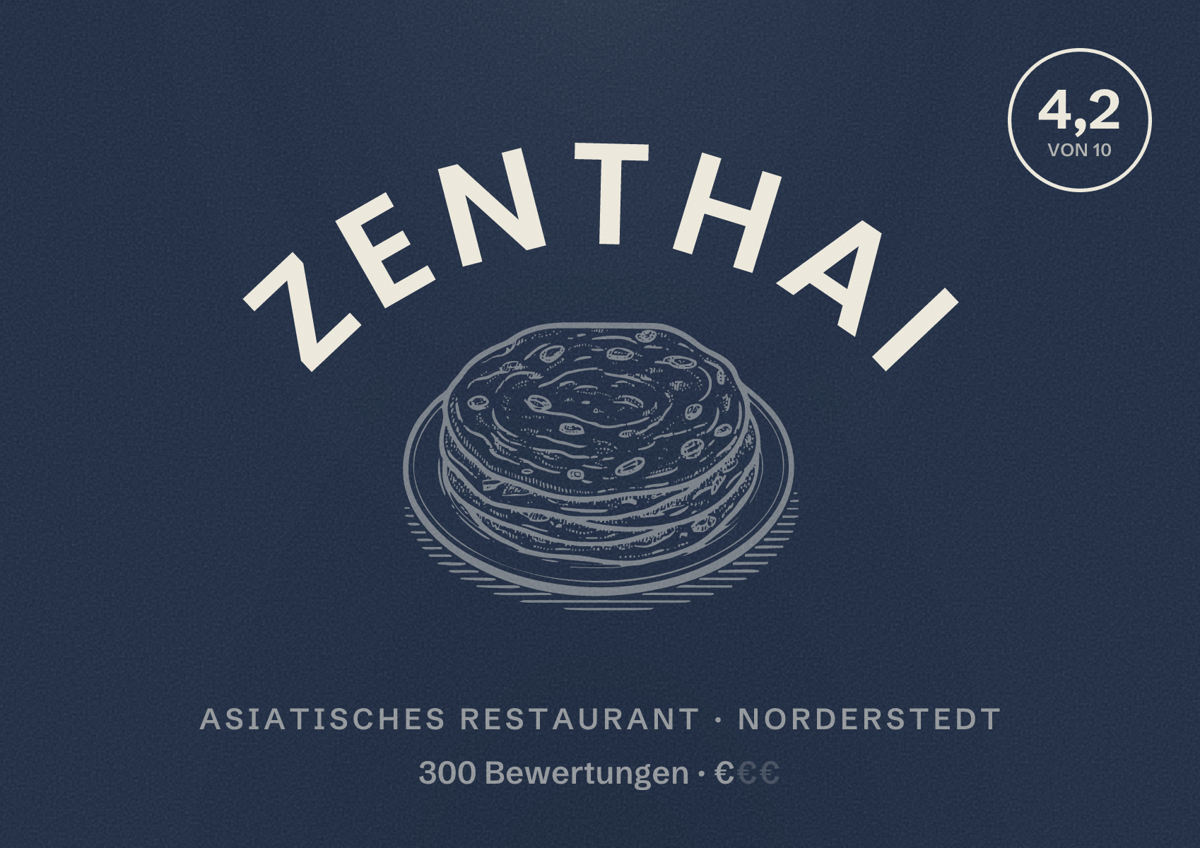 Illustriertes Poster von ZenThai, Asiatisches Restaurant in Norderstedt: Bewertung 4,2 von 10 aus 300 Bewertungen, Preisniveau €