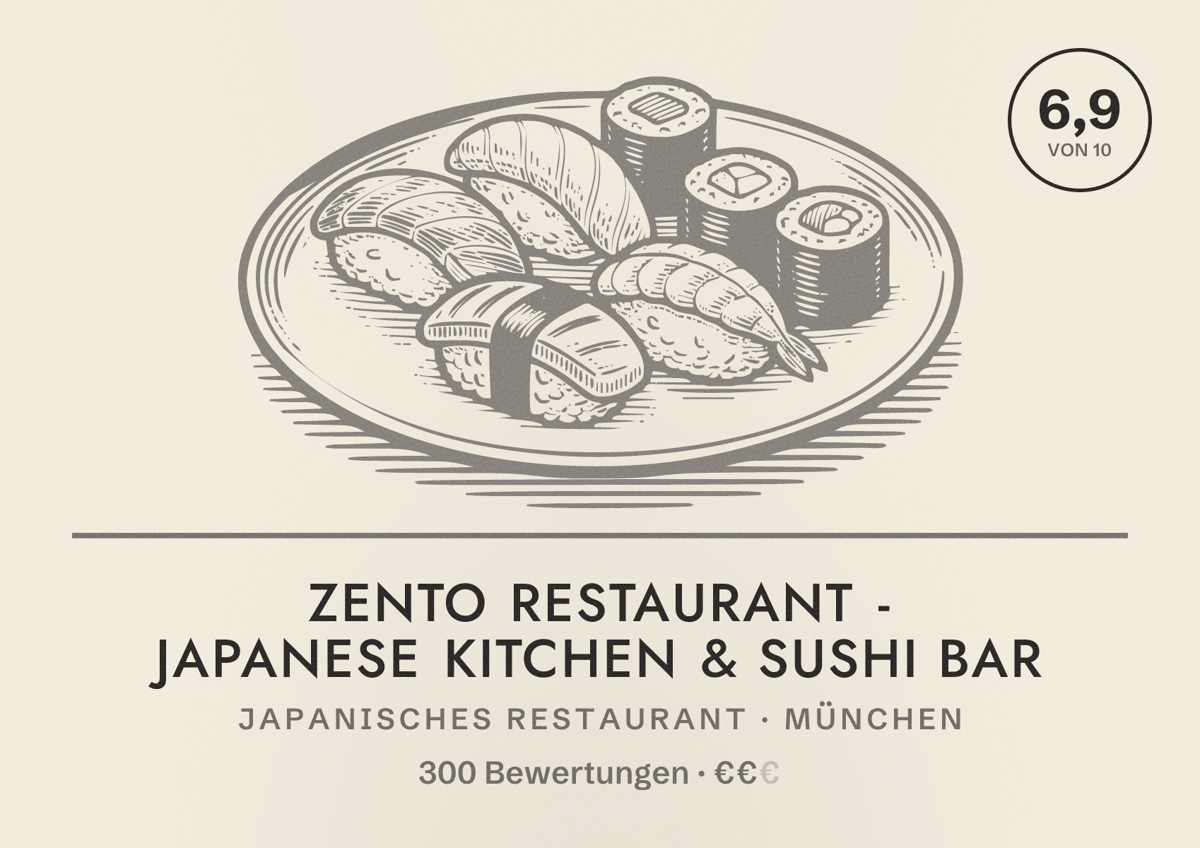 Illustriertes Poster von Zento Restaurant - Japanese Kitchen & Sushi Bar, Japanisches Restaurant in München: Bewertung 6,9 von 10 aus 300 Bewertungen, Preisniveau €€