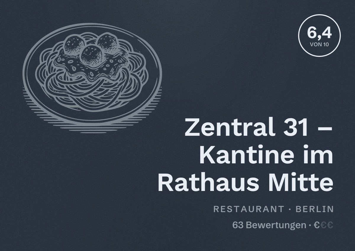 Illustriertes Poster von Zentral 31 – Kantine im Rathaus Mitte, Restaurant in Berlin: Bewertung 6,4 von 10 aus 63 Bewertungen, Preisniveau €