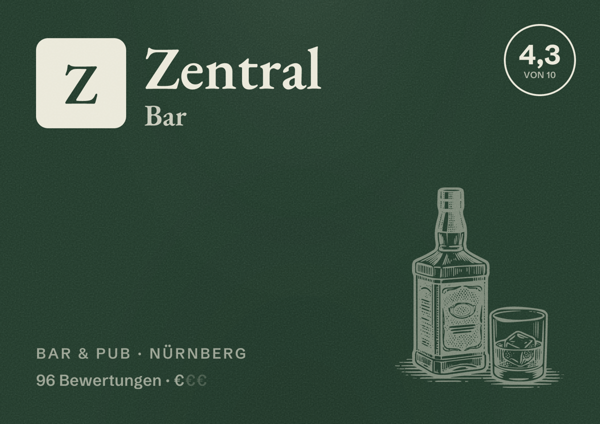 Illustriertes Poster von Zentral Bar, Bar & Pub in Nürnberg: Bewertung 4,3 von 10 aus 96 Bewertungen, Preisniveau €