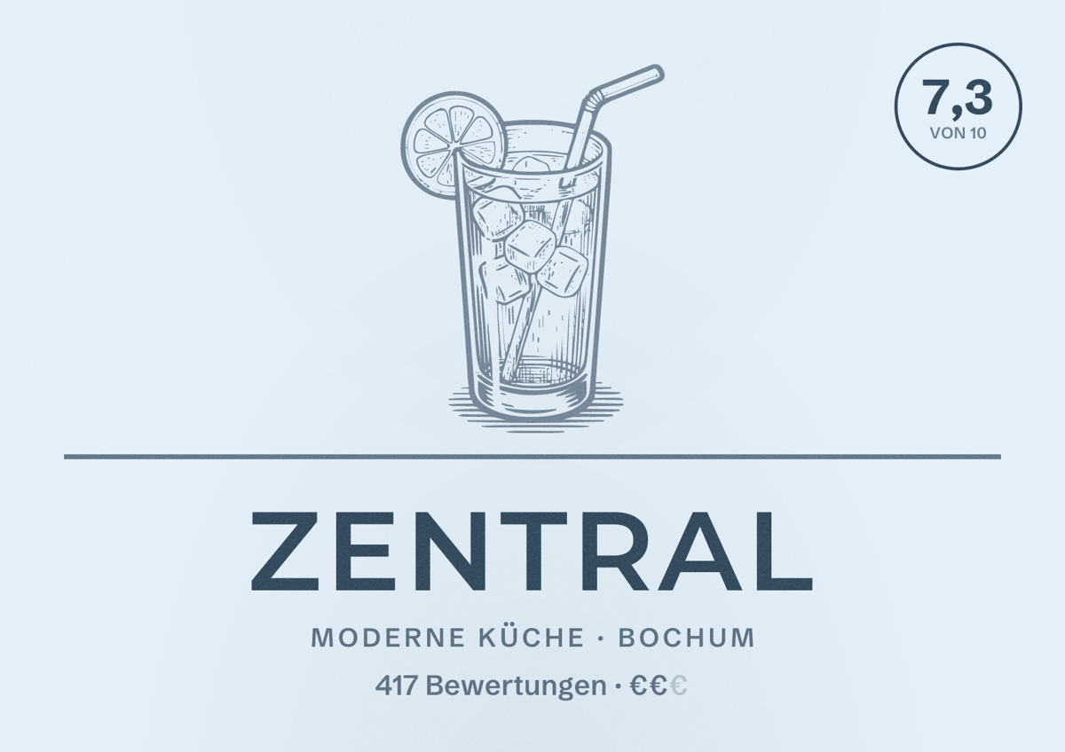 Illustriertes Poster von Zentral, Moderne Küche in Bochum: Bewertung 7,3 von 10 aus 417 Bewertungen, Preisniveau €€