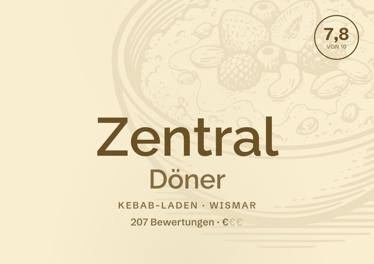 Illustriertes Poster von Zentral Döner, Kebab-Laden in Wismar: Bewertung 7,8 von 10 aus 207 Bewertungen, Preisniveau €