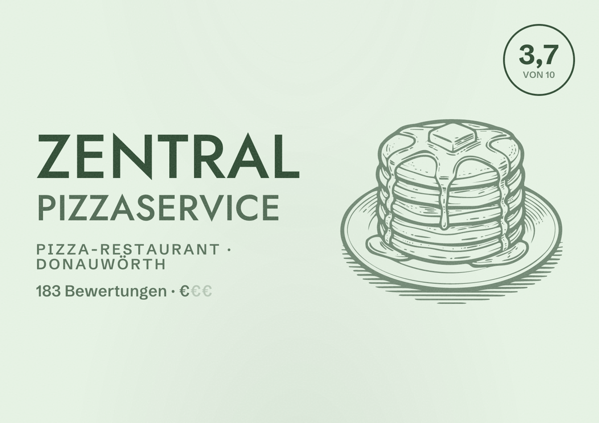 Illustriertes Poster von Zentral Pizzaservice, Pizza-Restaurant in Donauwörth: Bewertung 3,7 von 10 aus 183 Bewertungen, Preisniveau €