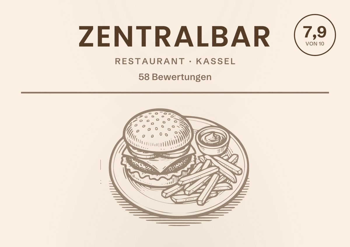 Illustriertes Poster von Zentralbar, Restaurant in Kassel: Bewertung 7,9 von 10 aus 58 Bewertungen
