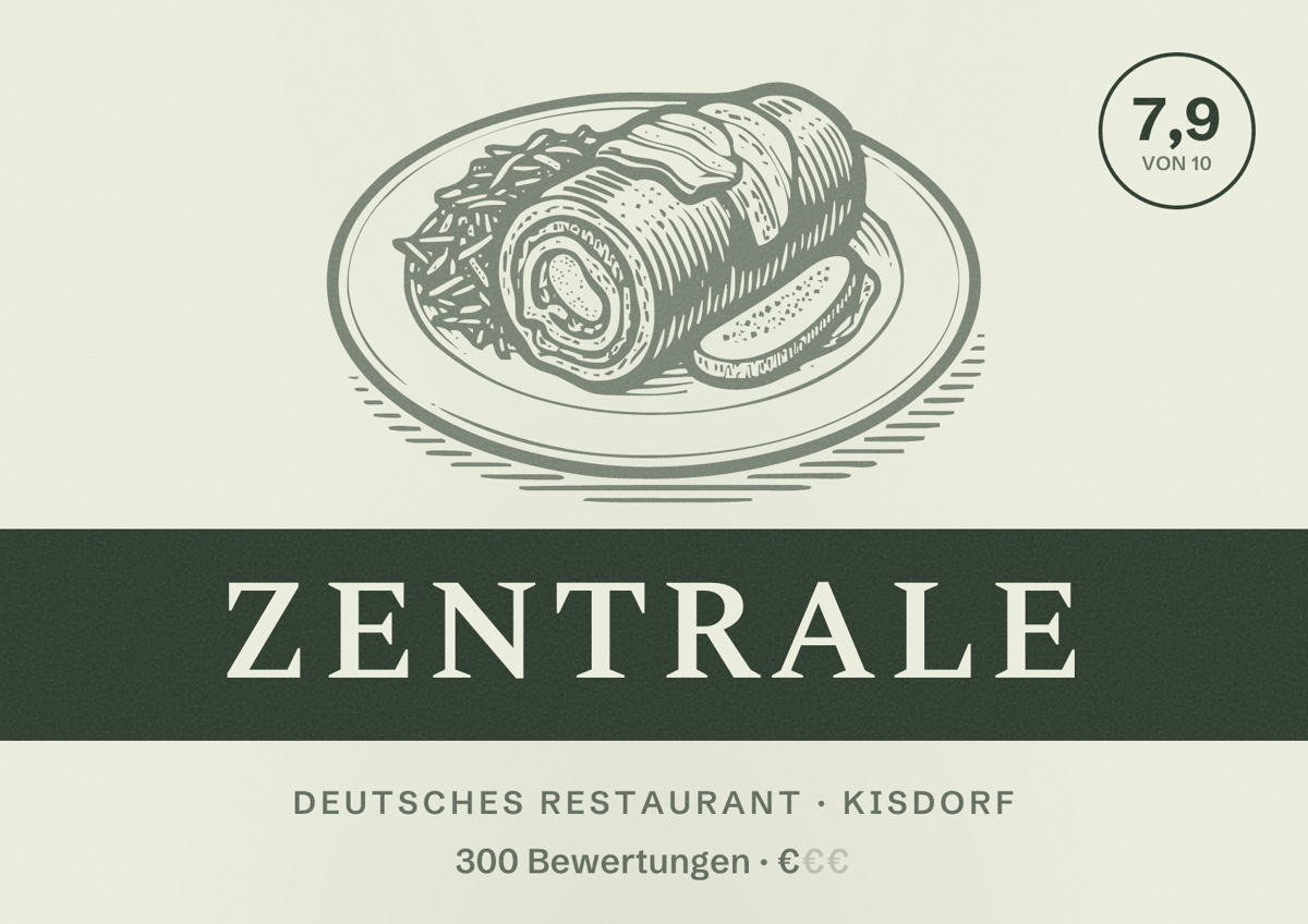 Illustriertes Poster von Zentrale, Deutsches Restaurant in Kisdorf: Bewertung 7,9 von 10 aus 300 Bewertungen, Preisniveau €
