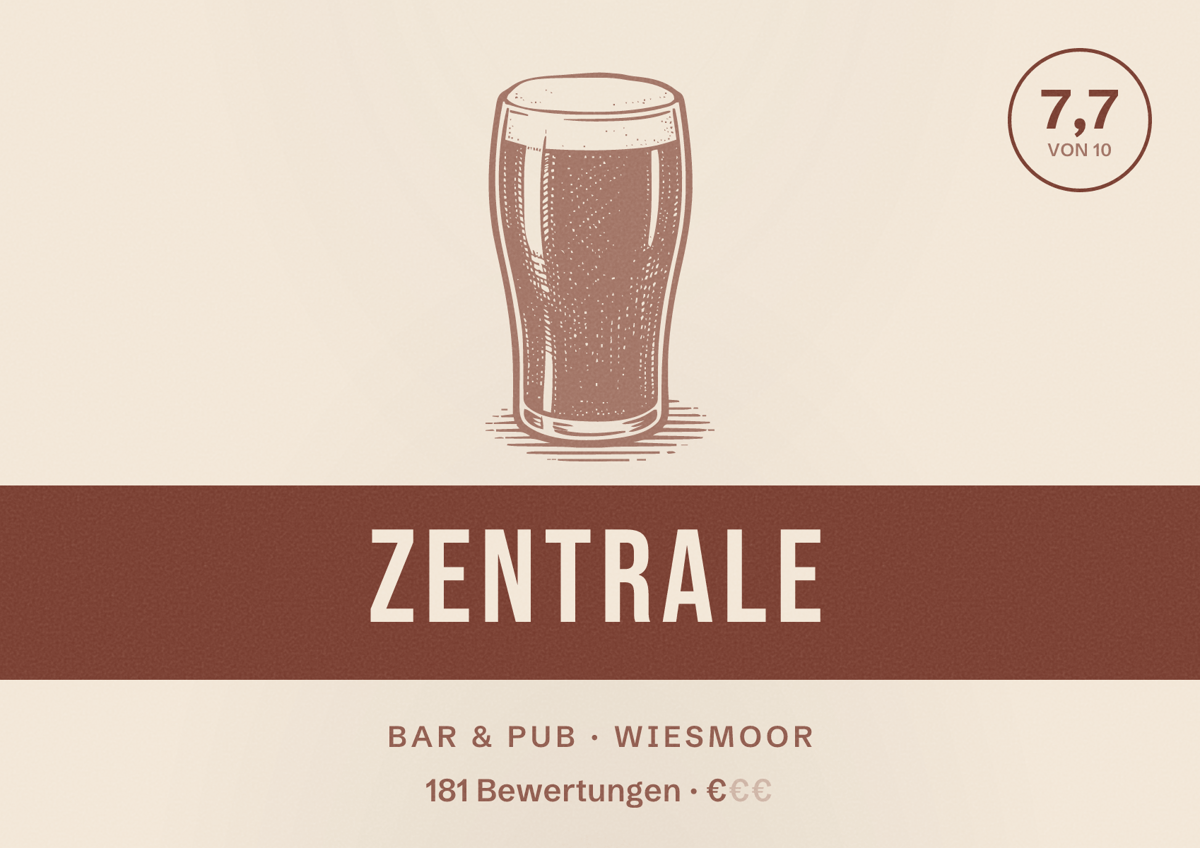 Illustriertes Poster von Zentrale, Bar & Pub in Wiesmoor: Bewertung 7,7 von 10 aus 181 Bewertungen, Preisniveau €