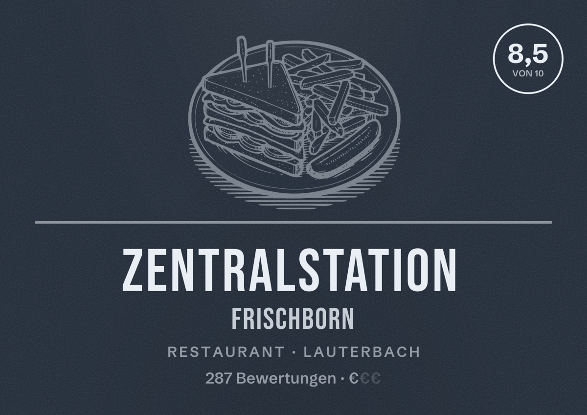 Illustriertes Poster von Zentralstation Frischborn, Restaurant in Lauterbach: Bewertung 8,5 von 10 aus 287 Bewertungen, Preisniveau €