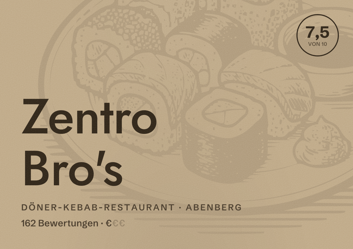 Illustriertes Poster von Zentro Bro's, Döner-Kebab-Restaurant in Abenberg: Bewertung 7,5 von 10 aus 162 Bewertungen, Preisniveau €