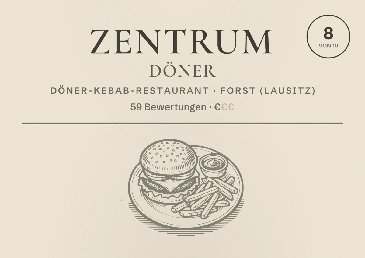 Illustriertes Poster von Zentrum Döner, Döner-Kebab-Restaurant in Forst (Lausitz): Bewertung 8 von 10 aus 59 Bewertungen, Preisniveau €
